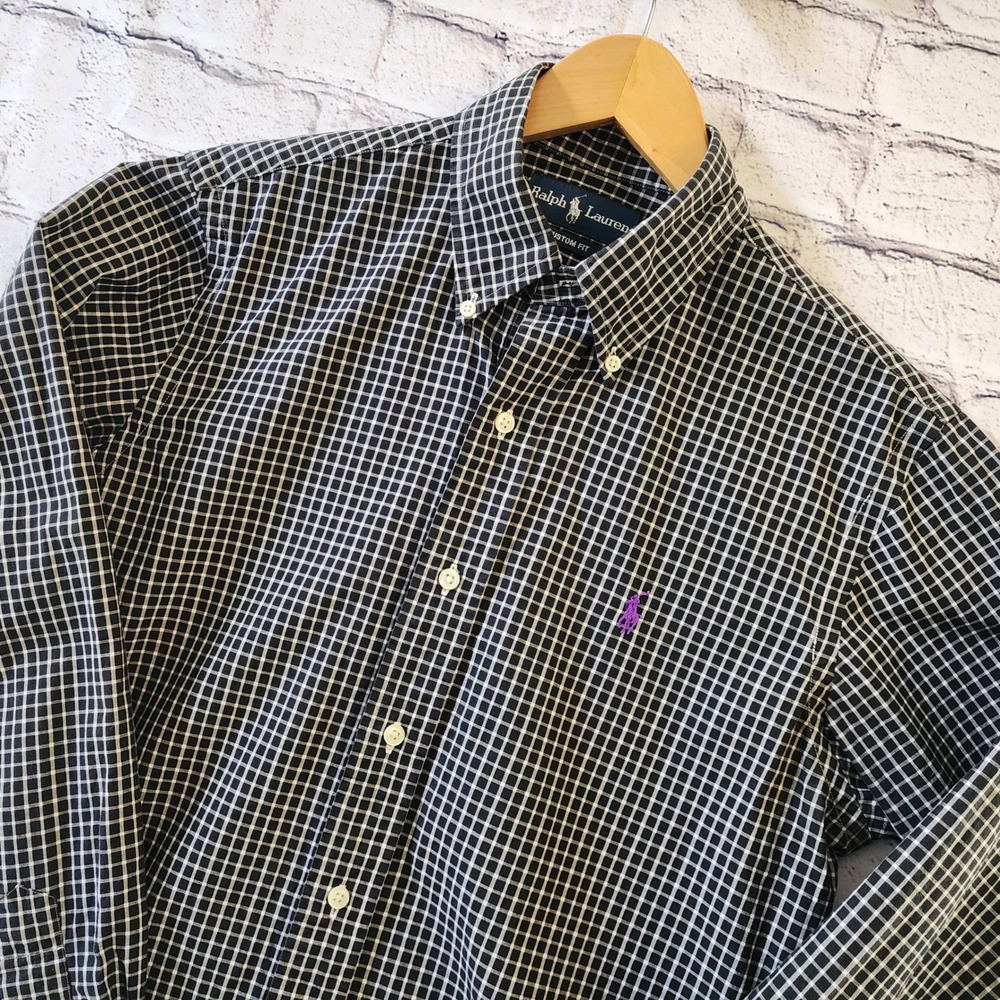 Ralph Lauren Men's Small S Custom Fit Black White Grid Check Shirt Purple Pony